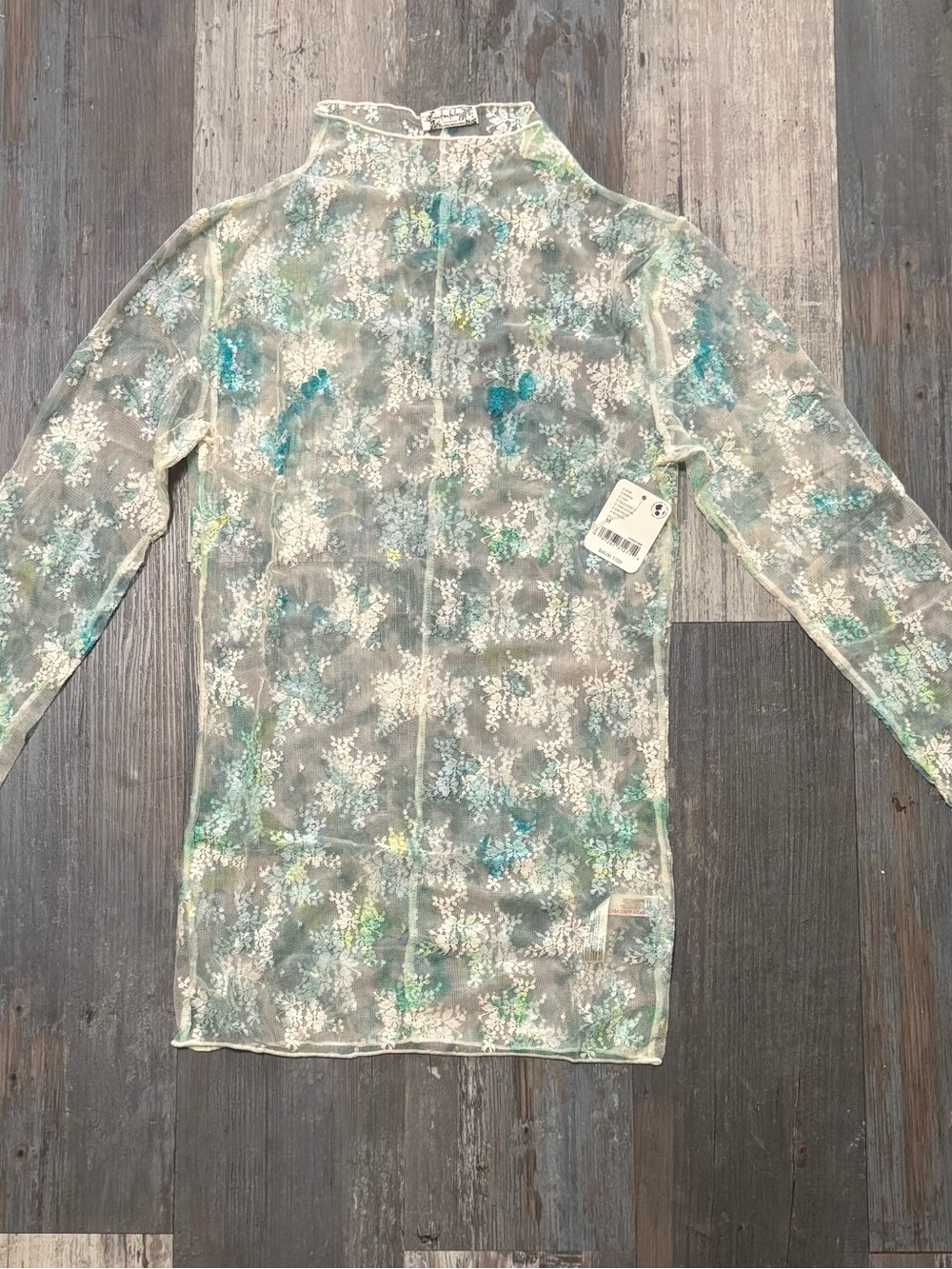 Free People Sheer Floral Long-Sleeve Mock Neck Shirt - Blue/Green
